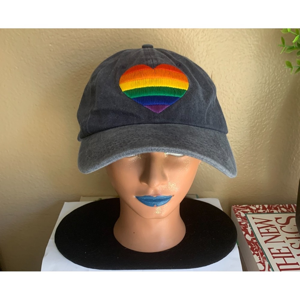 Rainbow Heart (Gay Pride) Washed‎ Blue Cap Adult Size